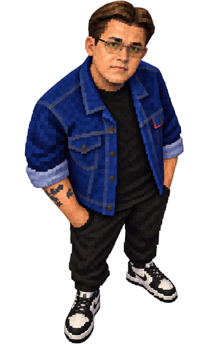 Ilustración pixelada de alobyte: chaqueta de mezclilla azul, lentes y tenis blancos y negros